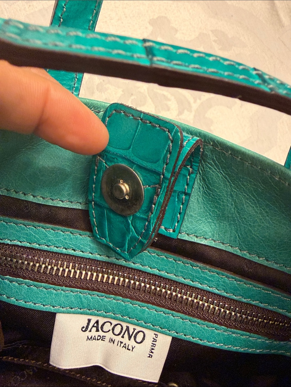 Teal Croc-Embossed Italian Leather Mini Tote with Crossbody Strap - Picture 5 of 7